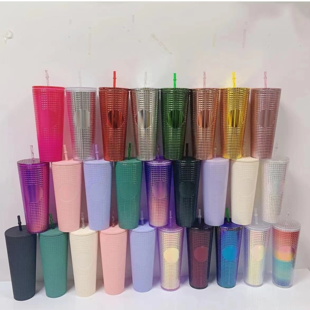 24oz Plastic Acrylic Double Wall Studded tumbler with straw and lid Waffle grid corn bottle - Chinese Warehouse