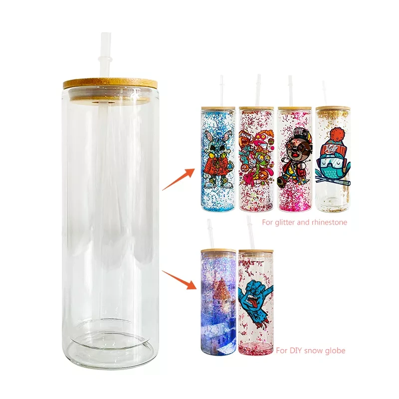 12oz/16oz/20oz Sublimation Snow Globe Double Wall Glass Can With Bamboo Lid and Plastic Straw - US Warehouse