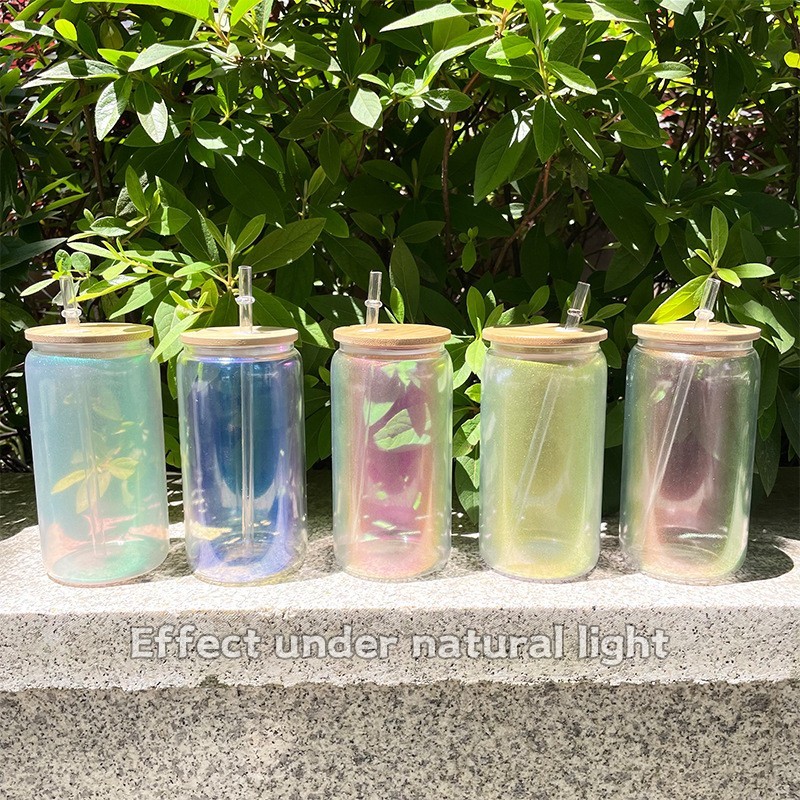 Case of 25pack 16oz Sublimation frosted iridescent glass can With Bamboo Lid and Plastic Straw - Chinese Warehouse