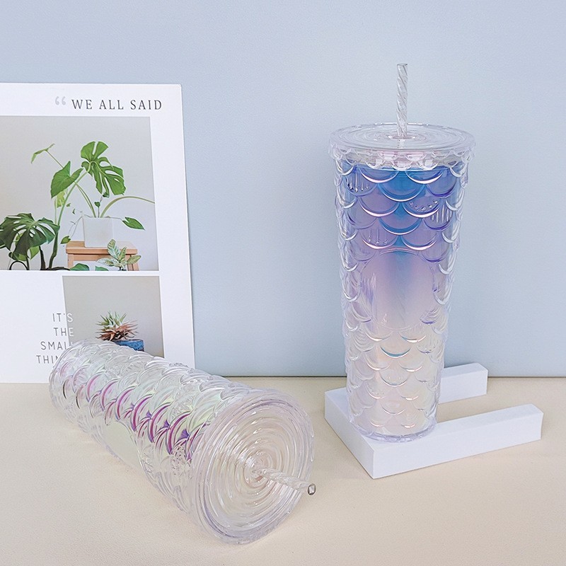 24oz Plastic Acrylic Double Wall fish mermaid scale glitter with Plastic Straw - Chinese Warehouse
