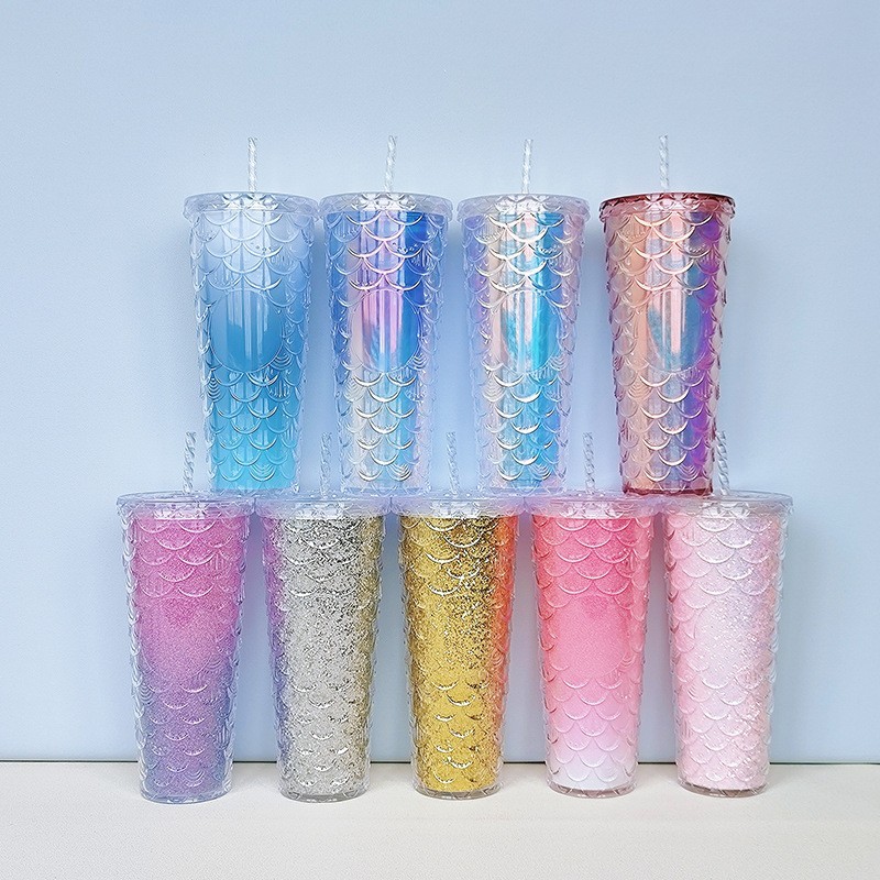 24oz Plastic Acrylic Double Wall fish mermaid scale glitter with Plastic Straw - Chinese Warehouse
