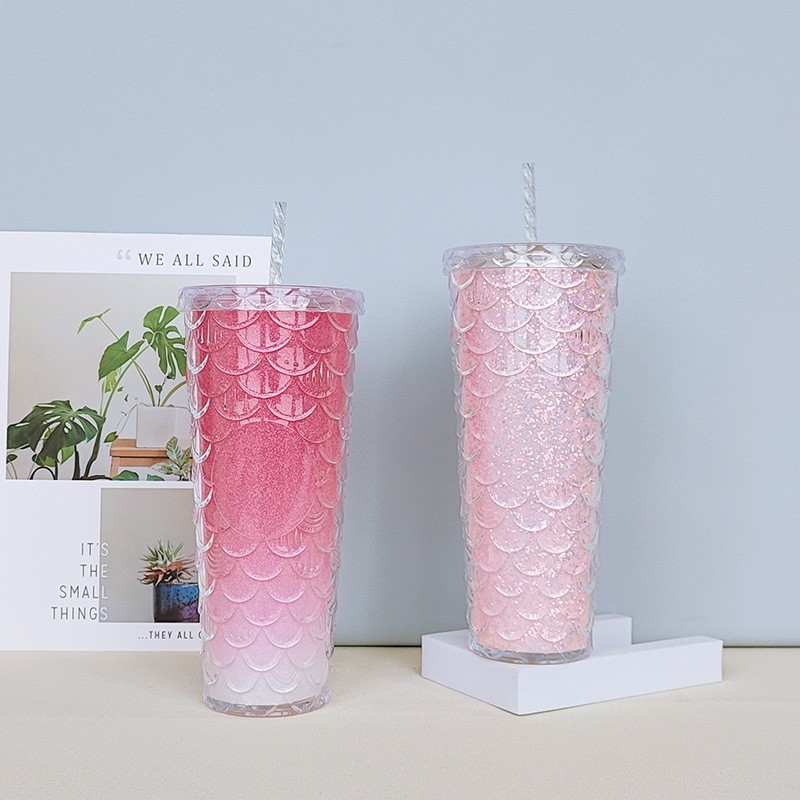 24oz Plastic Acrylic Double Wall fish mermaid scale glitter with Plastic Straw - Chinese Warehouse