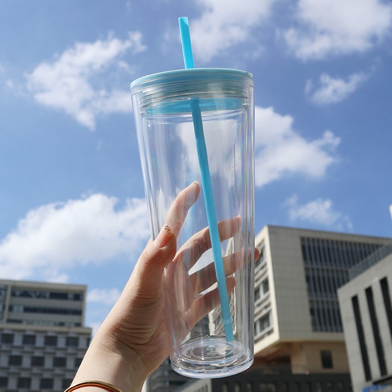 24oz Acrylic Plastic Double Wall multi color Tumbler with  Plastic Straw - Chinese Warehouse