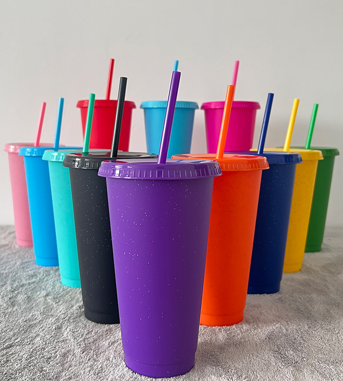 16oz/24oz case of 200pack Plastic Single Wall reusable matte glitter shimmer Tumbler with Plastic Straw - Chinese Warehouse