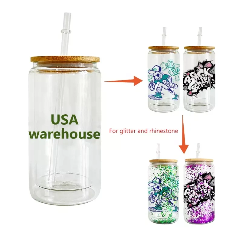 12oz/16oz/20oz Sublimation Snow Globe Double Wall Glass Can With Bamboo Lid and Plastic Straw - US Warehouse