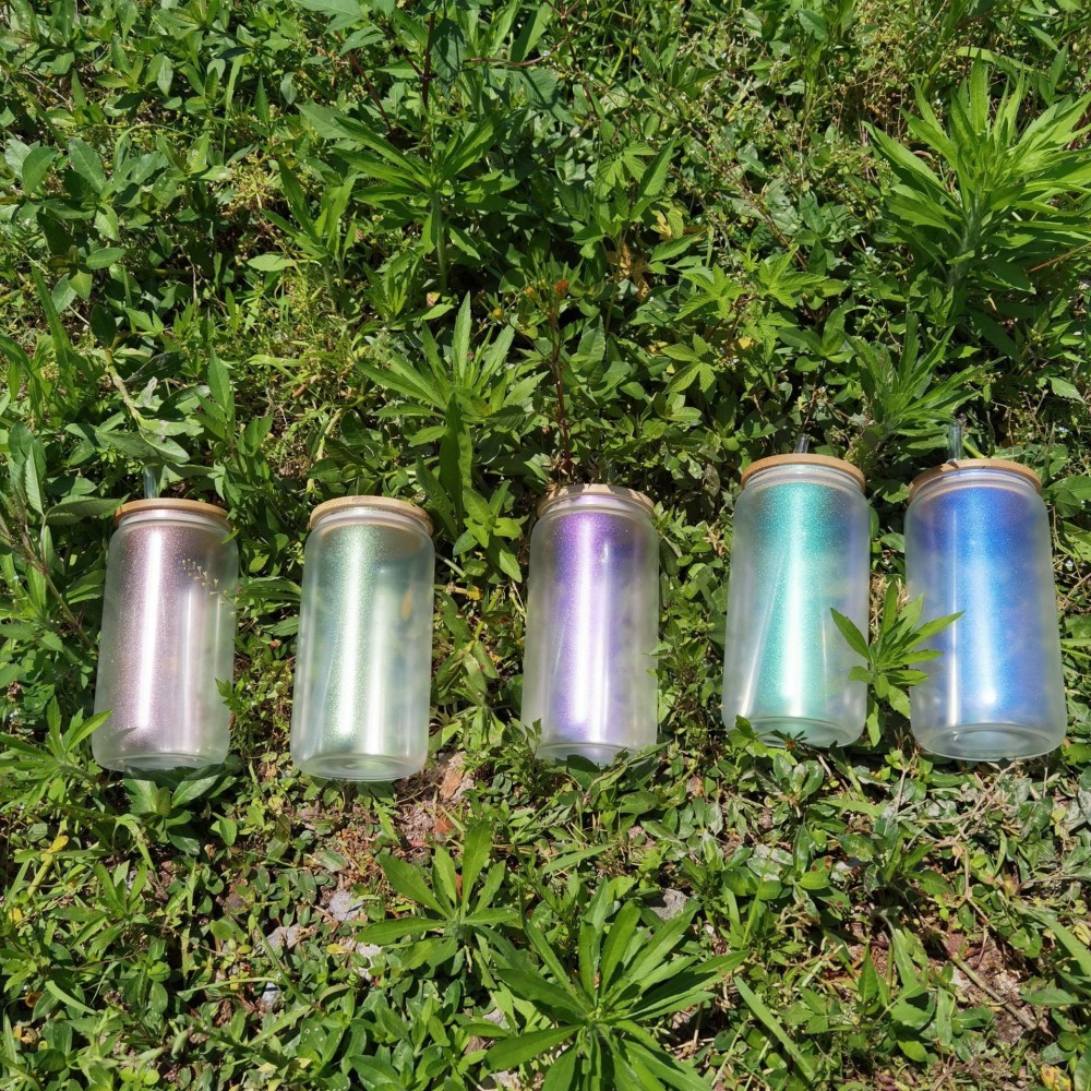 Case of 25pack 16oz Sublimation frosted iridescent glass can With Bamboo Lid and Plastic Straw - Chinese Warehouse