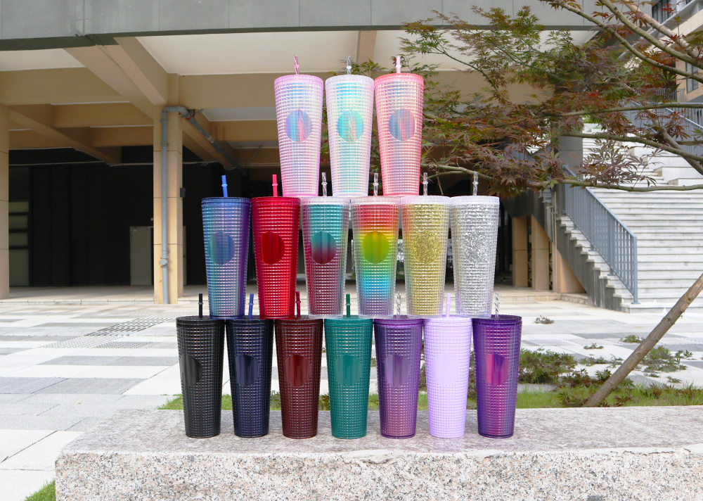 24oz Plastic Acrylic Double Wall Studded tumbler with straw and lid Waffle grid corn bottle - Chinese Warehouse