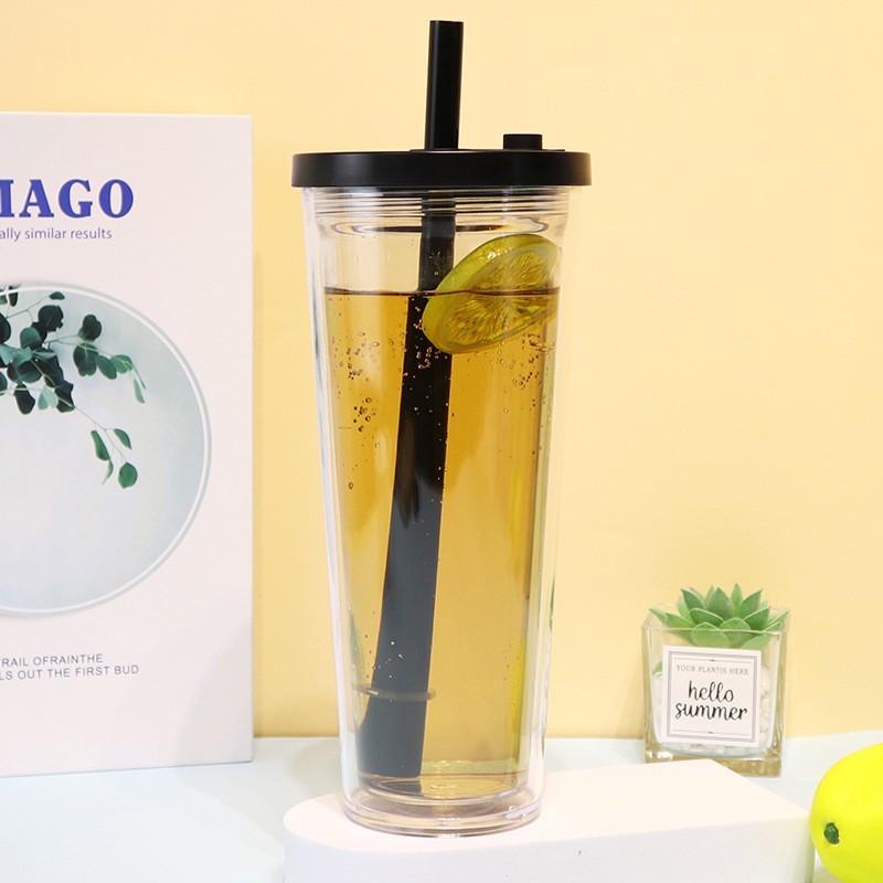 AS Plastic Double Wall babo tea Tumbler with silicone stopper Plastic Straw - Chinese Warehouse