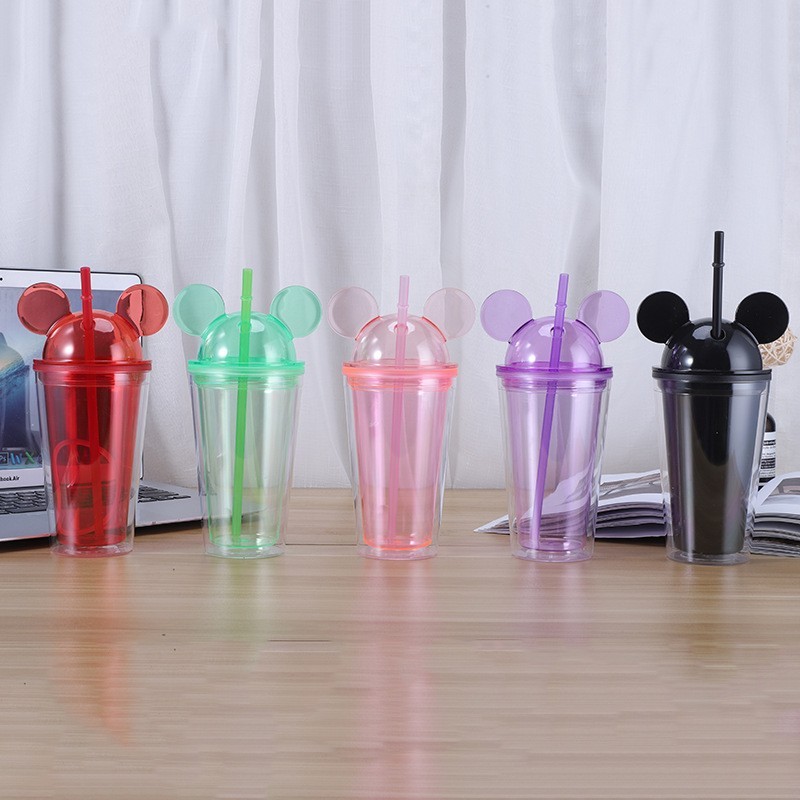 16oz Plastic Acrylic Double Wall  Mickey Tumbler with Plastic Straw - Chinese Warehouse