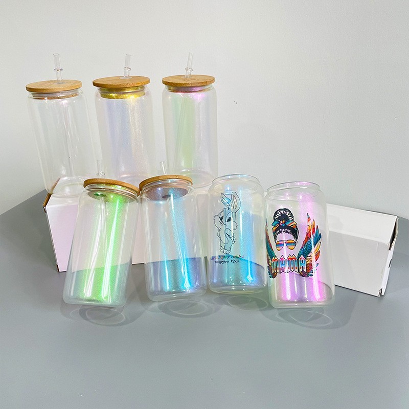 Case of 25pack 16oz Sublimation frosted iridescent glass can With Bamboo Lid and Plastic Straw - Chinese Warehouse