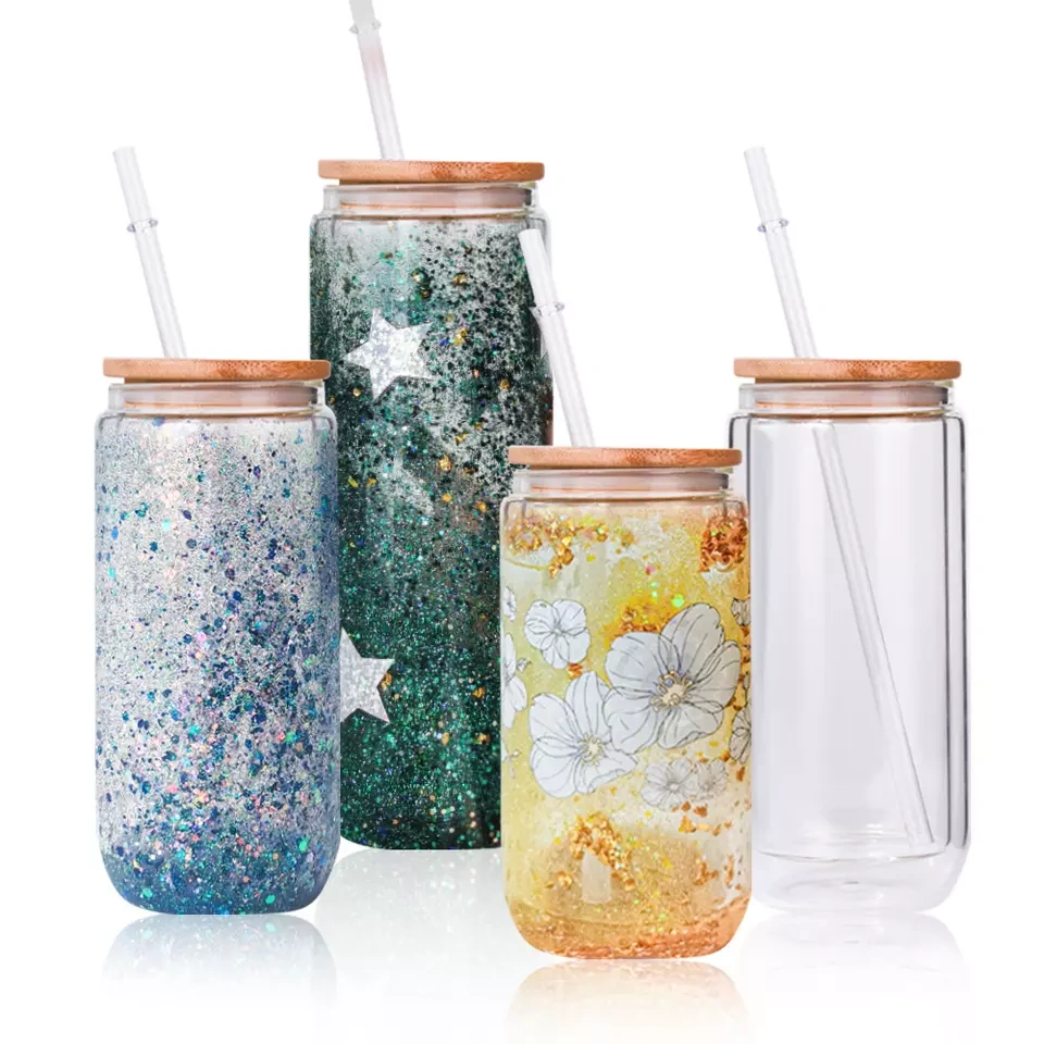 12oz/16oz/20oz Sublimation Snow Globe Double Wall Glass Can With Bamboo Lid and Plastic Straw - US Warehouse