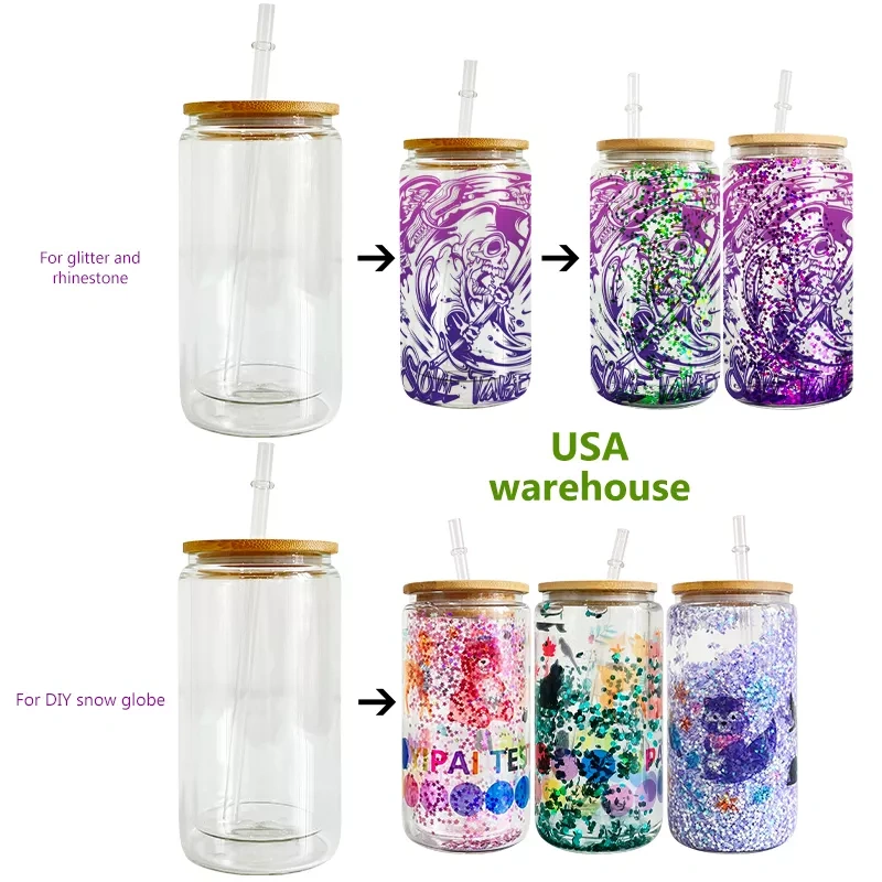 12oz/16oz/20oz Sublimation Snow Globe Double Wall Glass Can With Bamboo Lid and Plastic Straw - US Warehouse