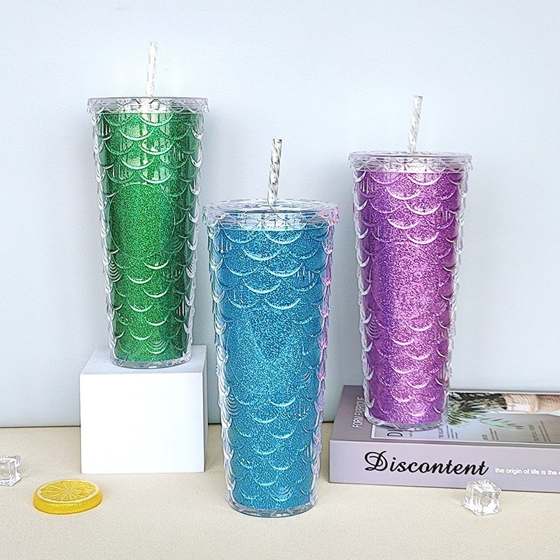 24oz Plastic Acrylic Double Wall fish mermaid scale glitter with Plastic Straw - Chinese Warehouse