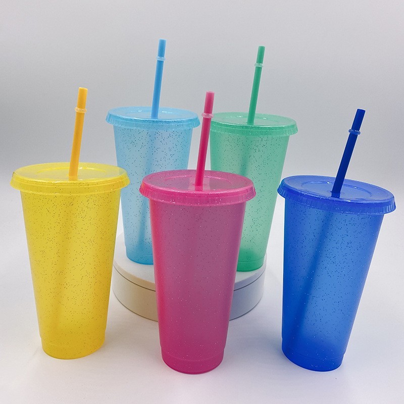 16oz/24oz case of 200pack Plastic Single Wall reusable glitter shimmer Tumbler with Plastic Straw - Chinese Warehouse