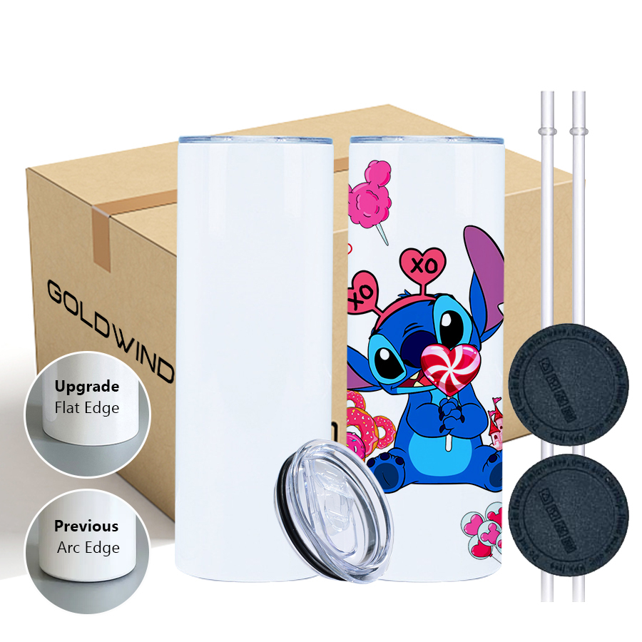 RTS US Warehouse Case of 25pack 20oz Glossy Flat Edge Sub Straight Skinny Tumblers with Plastic Straw&Rubber Bottom