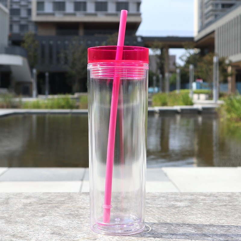 Plastic Acrylic Double Wall staight skinny Tumbler with Plastic Straw - Chinese Warehouse