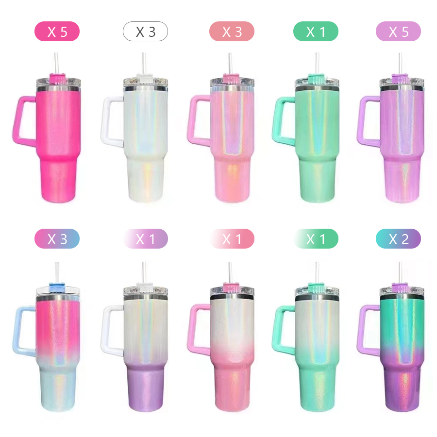 Presale - US Warehouse Case of 25pack 40oz Stanly1.0 Rainbow Glitter Shimmer sublimation Tumblers with Lids&Plastic straw