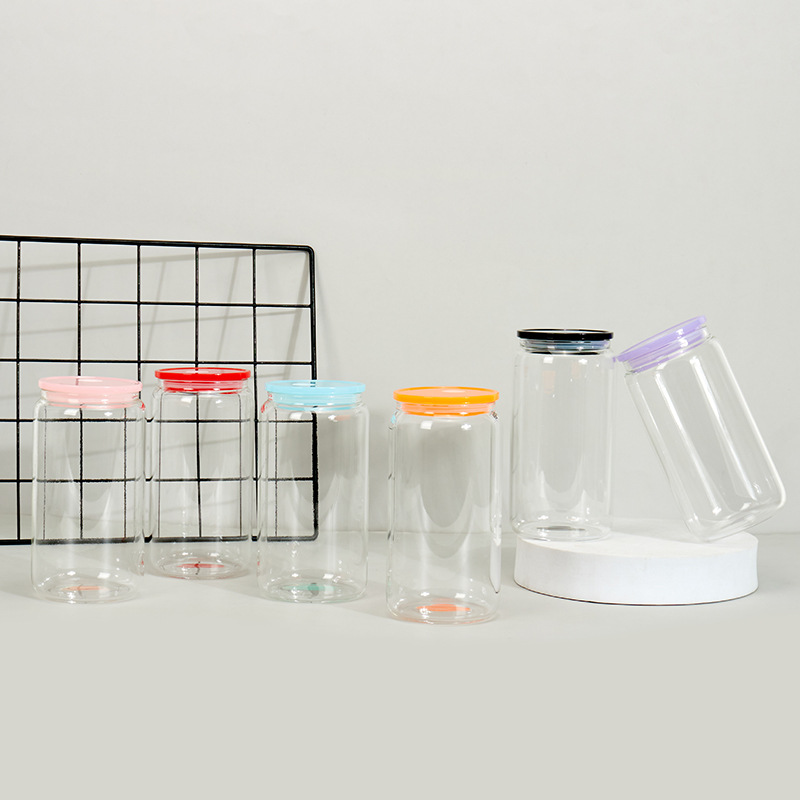 Case of 50pack 16oz Sublimation Frosted/Clear Glass Can With  Plastic Straw and colored  Lids- Chinese Warehouse
