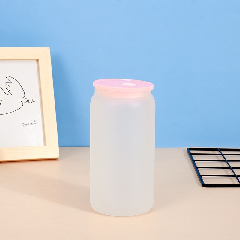 Case of 50pack 16oz Sublimation Frosted/Clear Glass Can With  Plastic Straw and colored  Lids- Chinese Warehouse