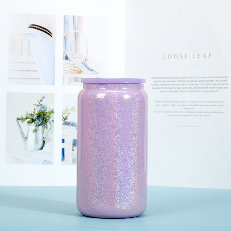 Case of 25/50pack 16oz Sublimation Rainbow Glitter Glass Can With Colored Plastic Lids- Chinese Warehouse