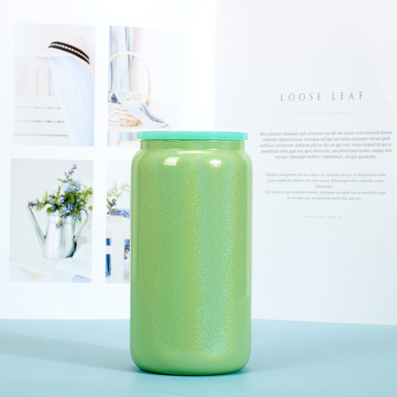 Case of 25/50pack 16oz Sublimation Rainbow Glitter Glass Can With Colored Plastic Lids- Chinese Warehouse