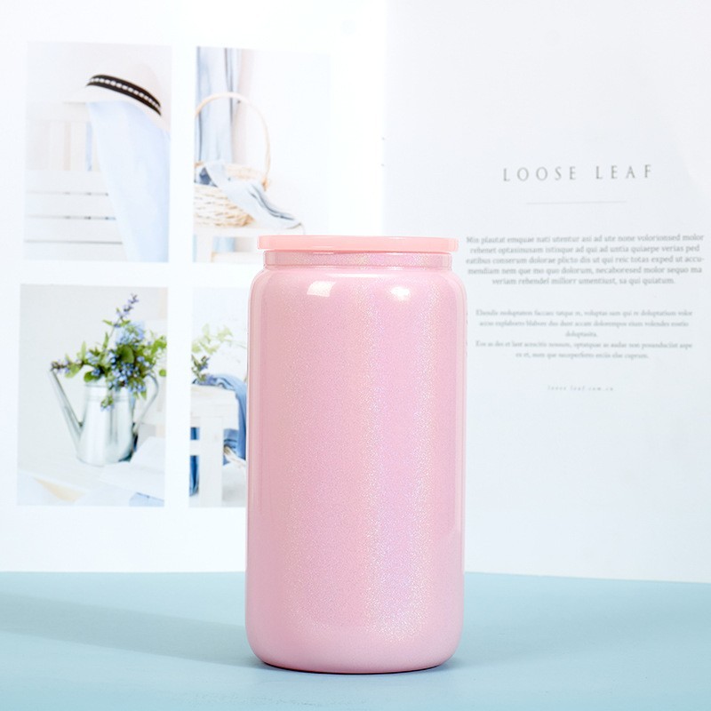 Case of 25/50pack 16oz Sublimation Rainbow Glitter Glass Can With Colored Plastic Lids- Chinese Warehouse