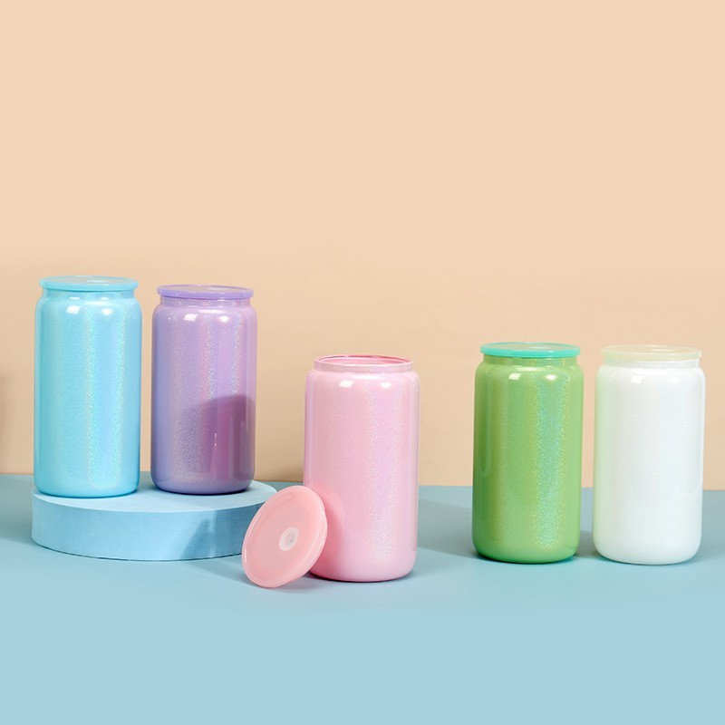 Case of 25/50pack 16oz Sublimation Rainbow Glitter Glass Can With Colored Plastic Lids- Chinese Warehouse