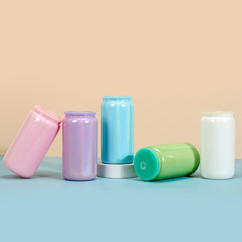Case of 25/50pack 16oz Sublimation Rainbow Glitter Glass Can With Colored Plastic Lids- Chinese Warehouse