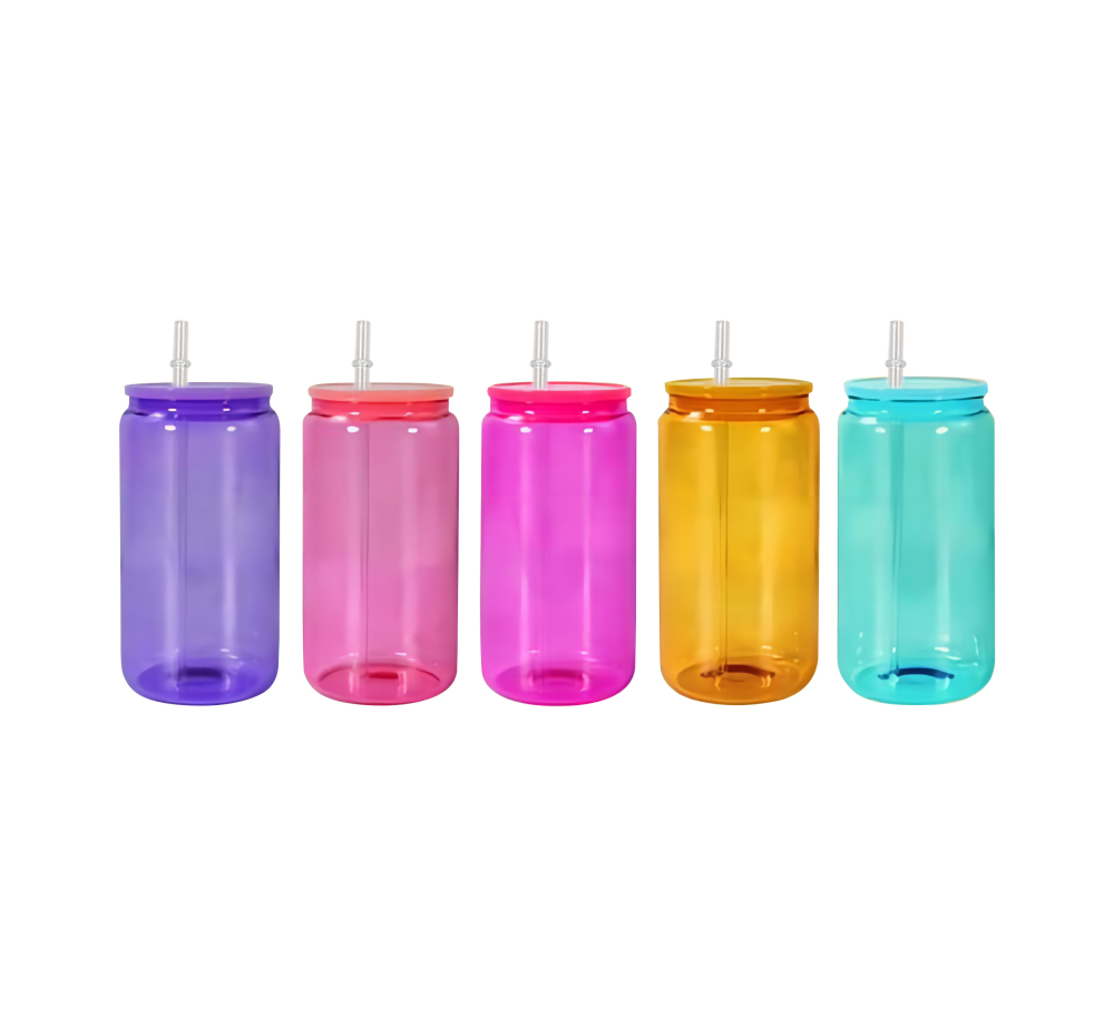 Case of 50pack 16oz Sublimation Colorful Glass Can With  Plastic Straw and colored  Lids- Chinese Warehouse