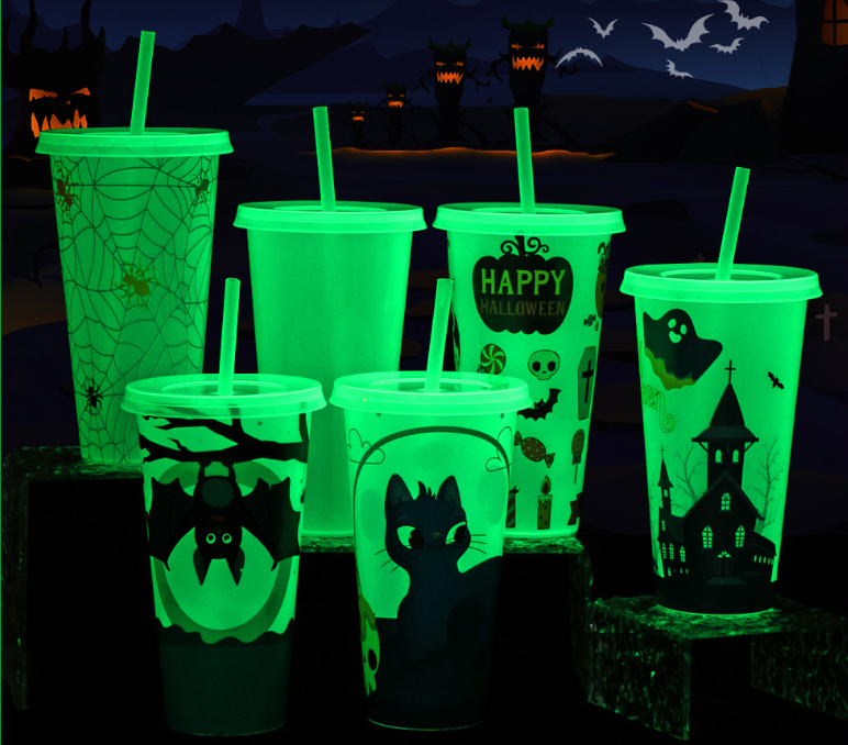 Halloween Gifts 24oz Plastic Gradient Glow In The Dark Cups Acrylic Cold Color Changing Water Cup Tumbler With Straw And Lids