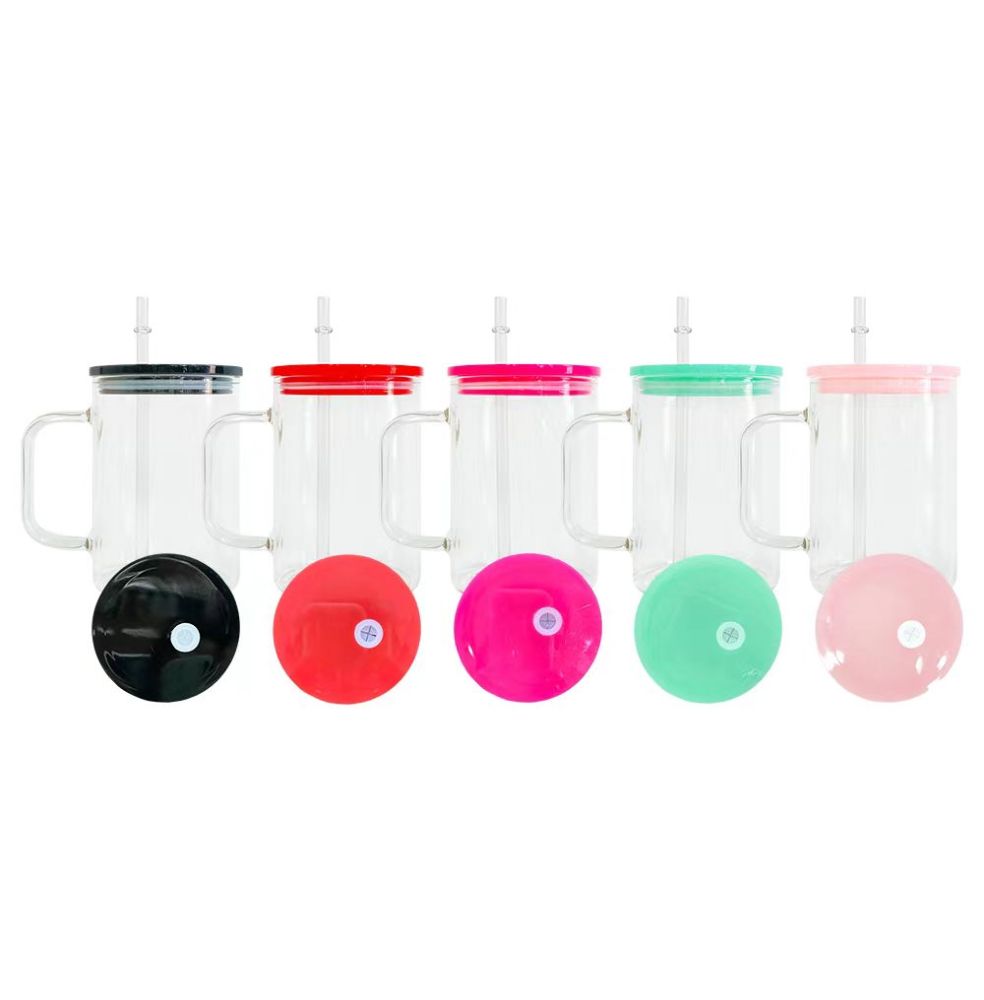 15oz Sublimation Blank Clear /Frosted Glass Can With Colored Plastic Lid and handle- Chinese Warehouse