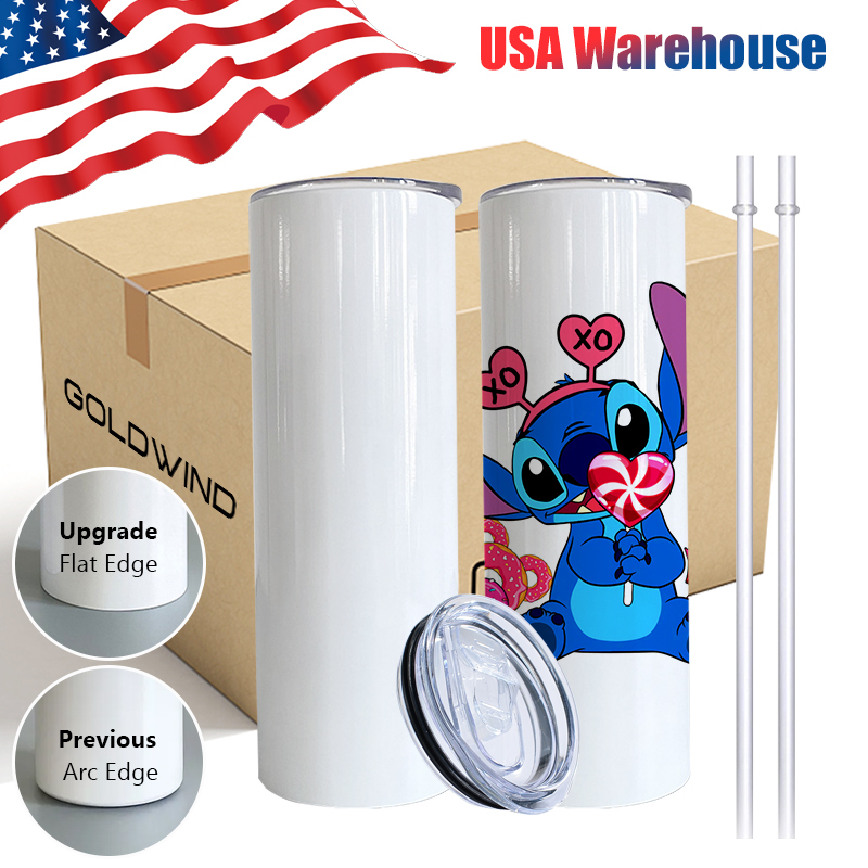 Pre-order US Warehouse Case of 25pack 20oz Sublimation Glossy Flat Edge Sub Straight Skinny Tumblers with Plastic Straw