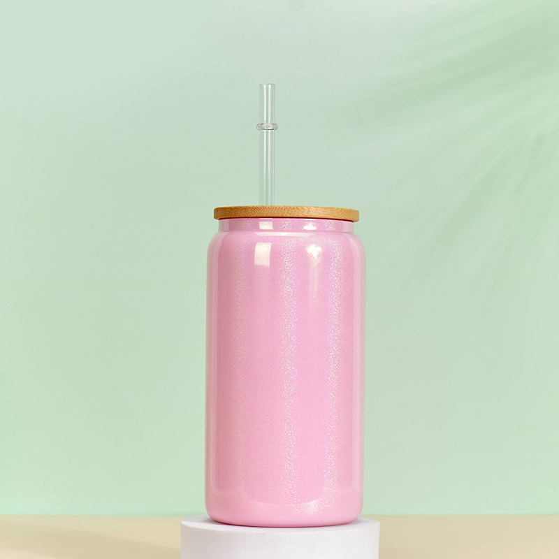 Case of 25pack 16oz Sublimation Rainbow Glitter Glass Can With Bamboo Lid and Plastic Straw and  Lids- Chinese Warehouse