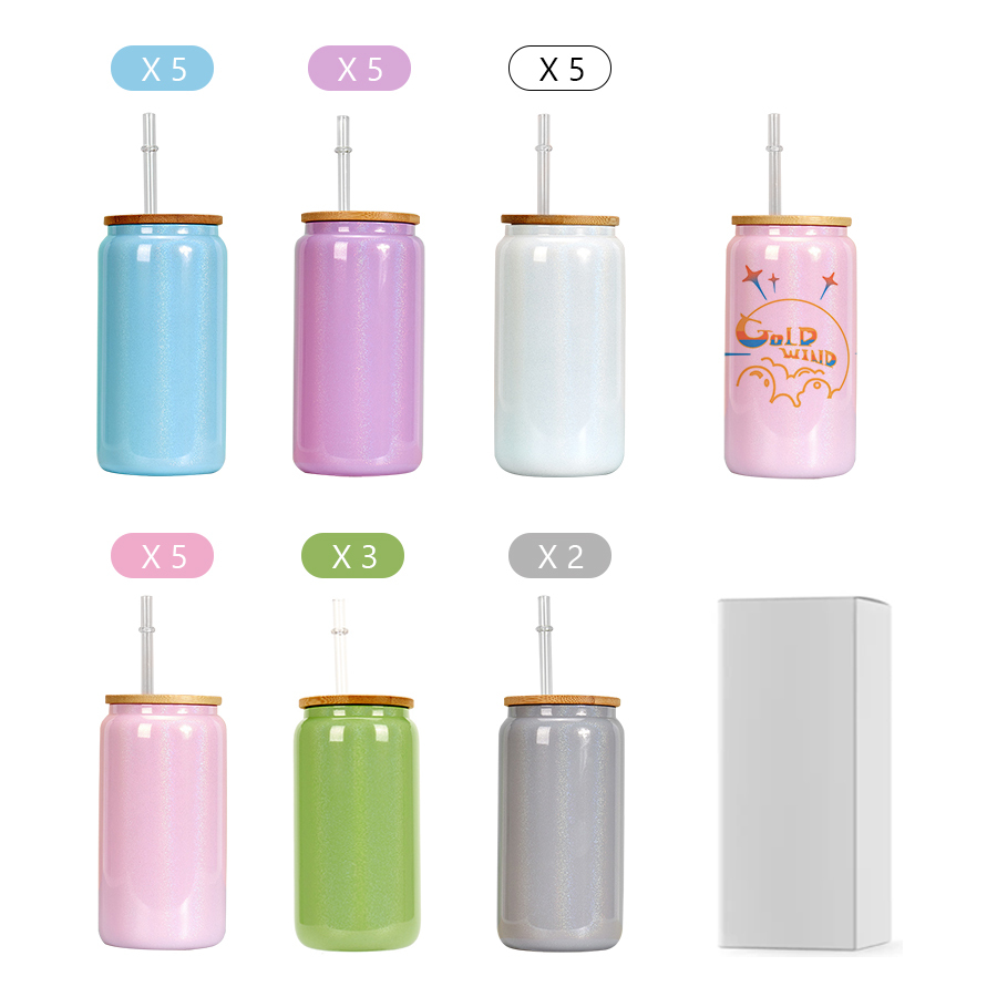 Case of 25pack 16oz Sublimation Rainbow Glitter Glass Can With Bamboo Lid and Plastic Straw and  Lids- Chinese Warehouse