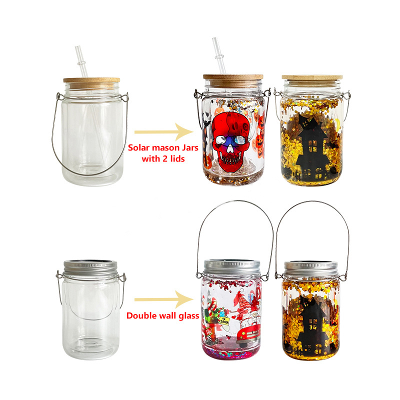11oz Sublimation  Case of 32pack Double Walled Snow Globe Solar Light Mason Jar with 2 lids - Chinese Warehouse