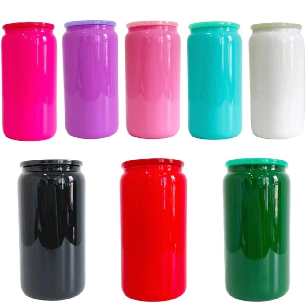 16oz  Colorful Glass Can For Sublimation With  Plastic Straw and Black Plastic Lids- Chinese Warehouse