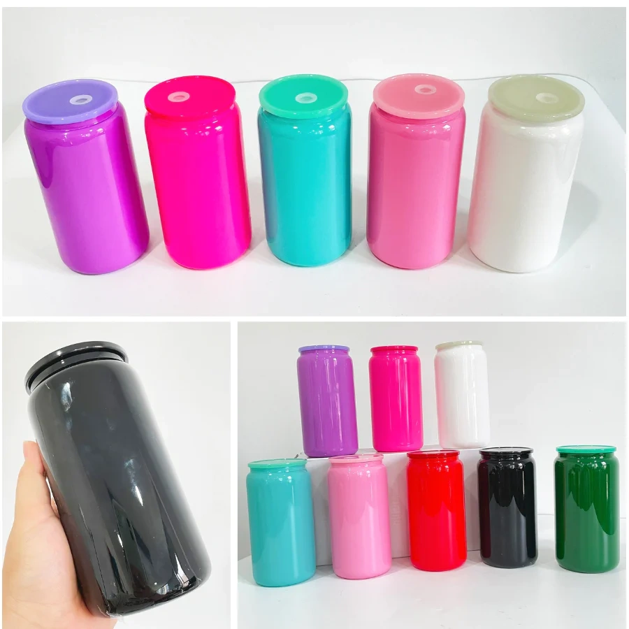 16oz  Colorful Glass Can For Sublimation With  Plastic Straw and Black Plastic Lids- Chinese Warehouse