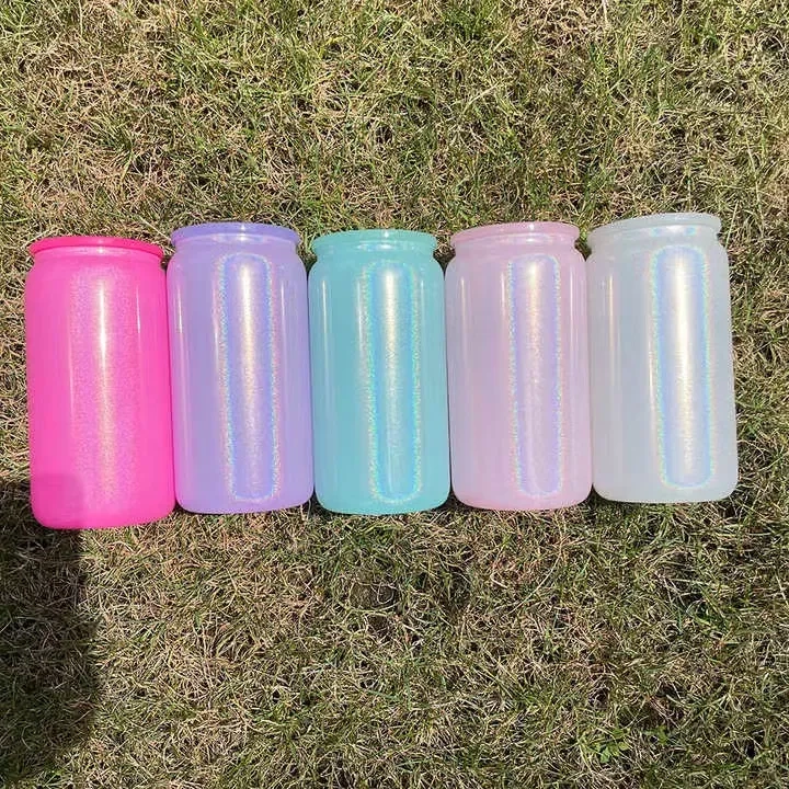 16oz Sublimation Blanks Colorful Rainbow Glitter Beer Glass Can with PP lid- Chinese Warehouse