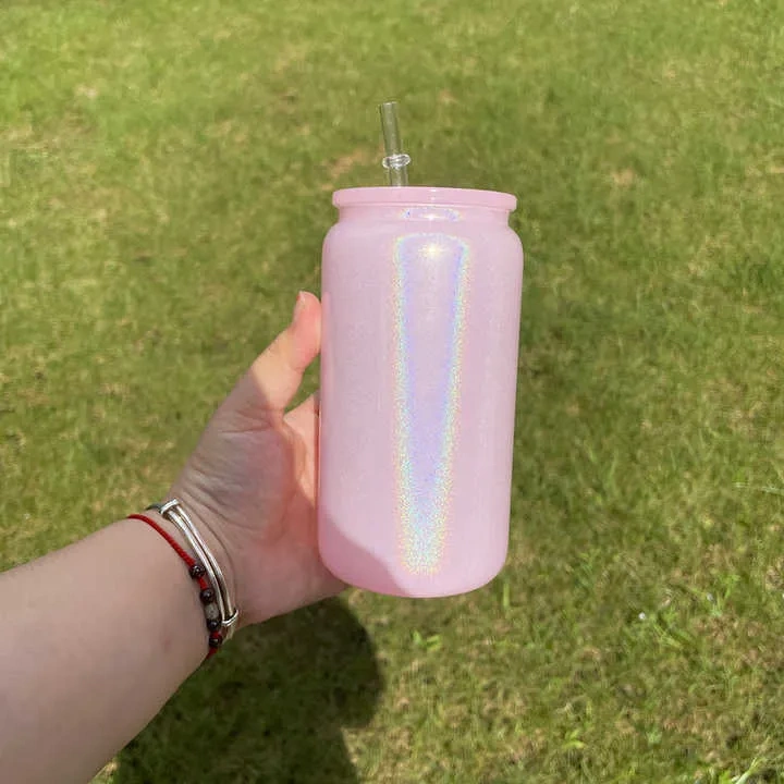 16oz Sublimation Blanks Colorful Rainbow Glitter Beer Glass Can with PP lid- Chinese Warehouse