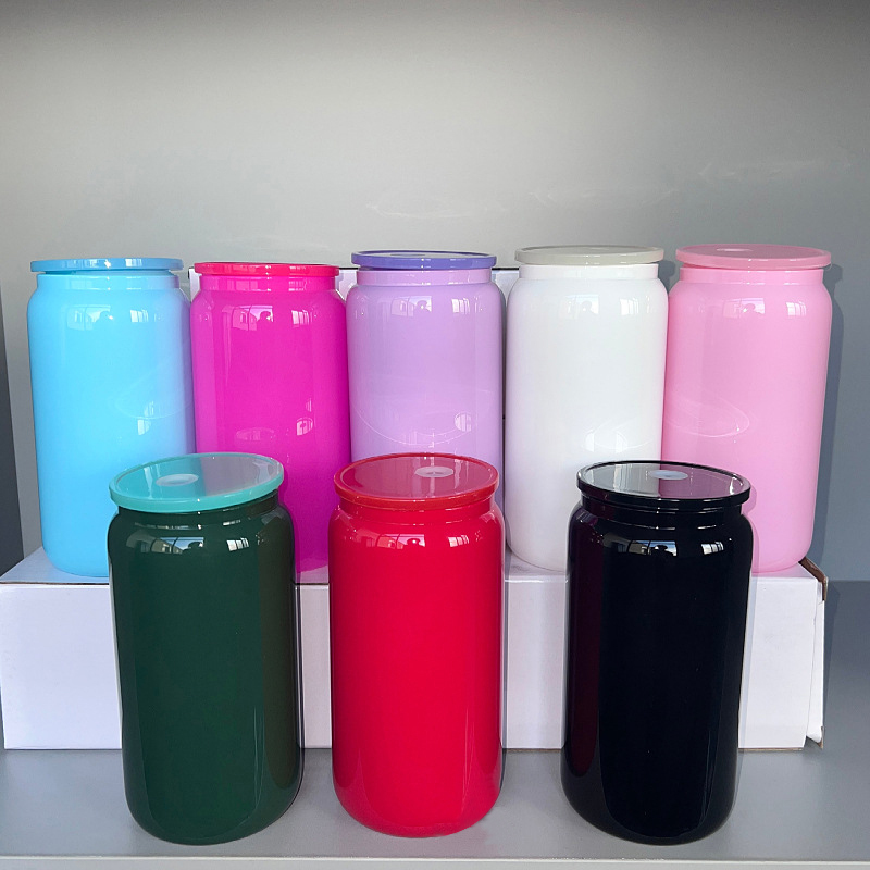 16oz  Colorful Glass Can For Sublimation With  Plastic Straw and Black Plastic Lids- Chinese Warehouse