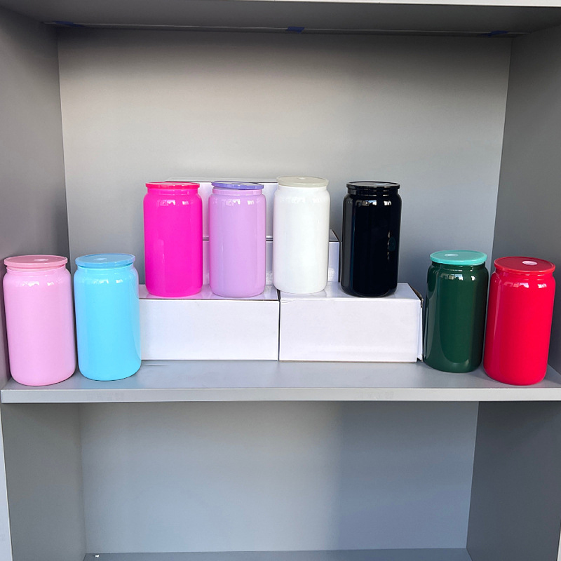 16oz  Colorful Glass Can For Sublimation With  Plastic Straw and Black Plastic Lids- Chinese Warehouse