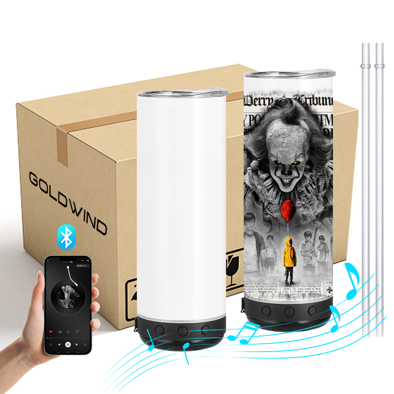 Presale RTS US Warehouse Case of 12pack 20oz Sublimation Straight Skinny Bluetooth Tumblers with Plastic Straw & Lid & Speaker