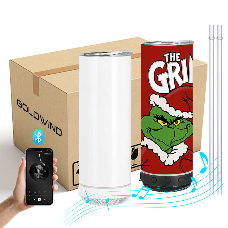 RTS US Warehouse Case of 12pack 20oz Sublimation Skinny Bluetooth Tumblers with Lids& Black Speaker