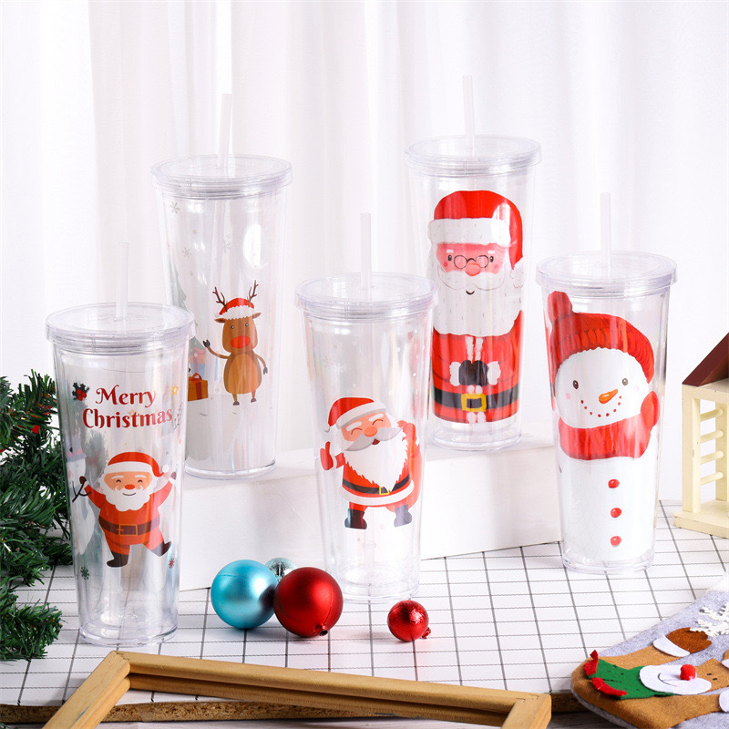 24oz case of 25pack Polystyrene Double-Wall Christmas Design Tumbler with Plastic Straw - Chinese Warehouse