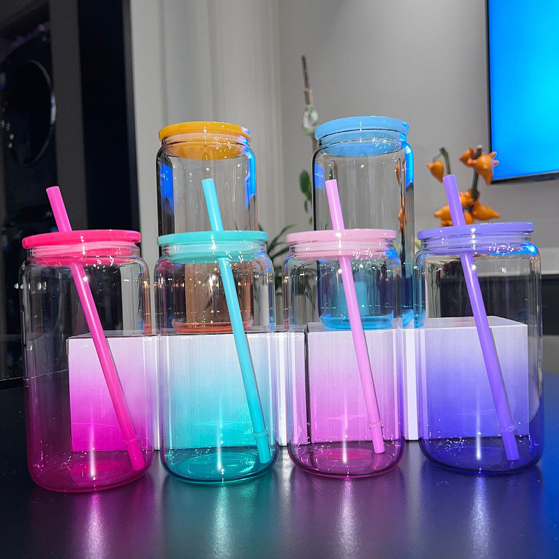 RTS Chinese Warehouse Case of 50pack 16oz Ombre ColorGlass  With  Plastic Straw and Lids