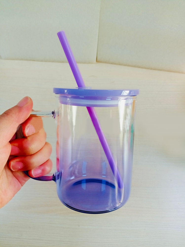 17oz Sublimation Blank Omber Colored Glass Can With Colored Plastic Lid and handle- Chinese Warehouse