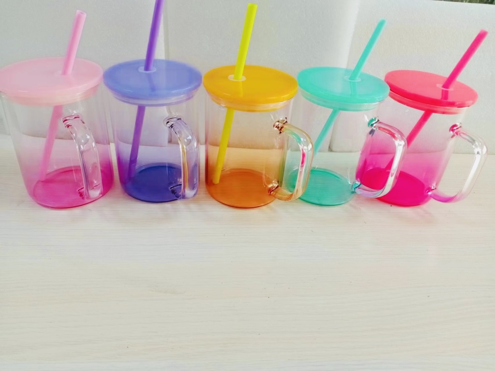 17oz Sublimation Blank Omber Colored Glass Can With Colored Plastic Lid and handle- Chinese Warehouse