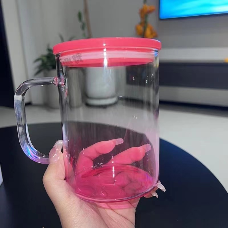17oz Sublimation Blank Omber Colored Glass Can With Colored Plastic Lid and handle- Chinese Warehouse