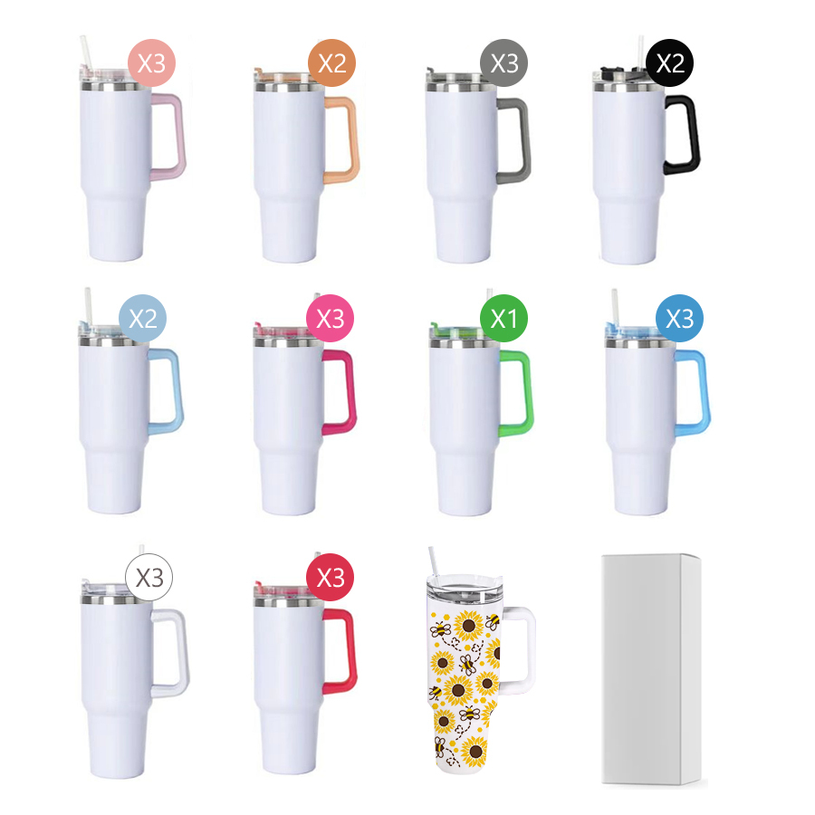 RTS Chinese Warehouse Case of 25pack 40oz Stanly1.0 White sublimation Tumblers with 10 Colored Hanlde&Lids&Plastic straw