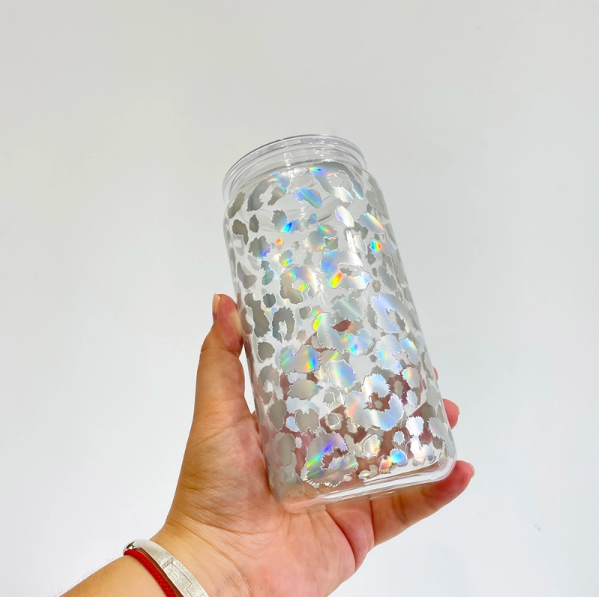 RTS Chinese Warehouse Case of 50pack 16oz Rainbow Leopard Glass Can with Clear Plastic LIds